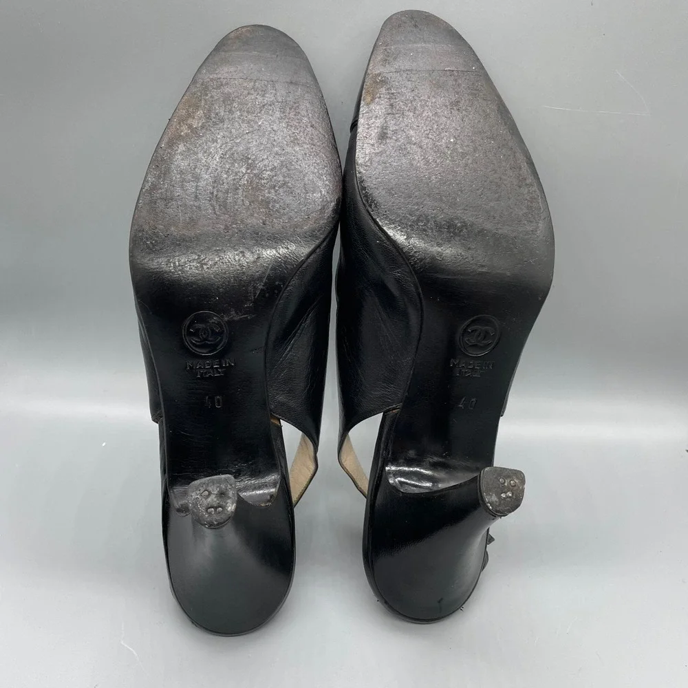 Vintage Chanel Black Leather Patent Cap Toe Slingback Pumps Heels Italy Sz 40/10